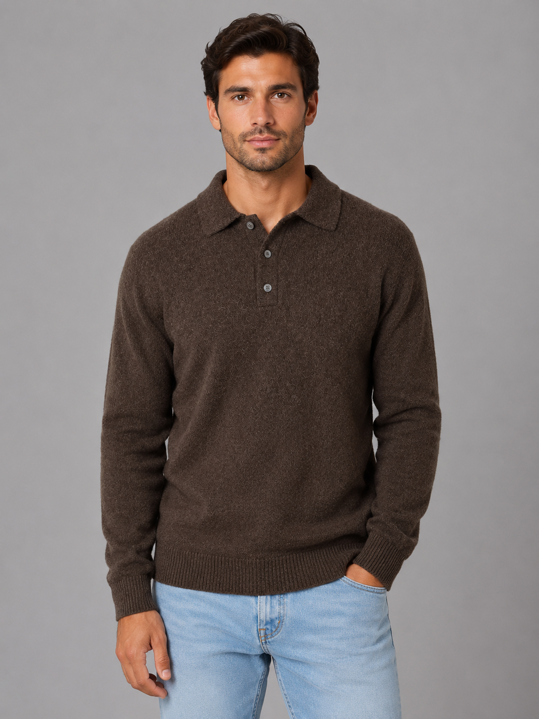 Men's Polo Knit Jumper – Button Long Sleeve Pullover