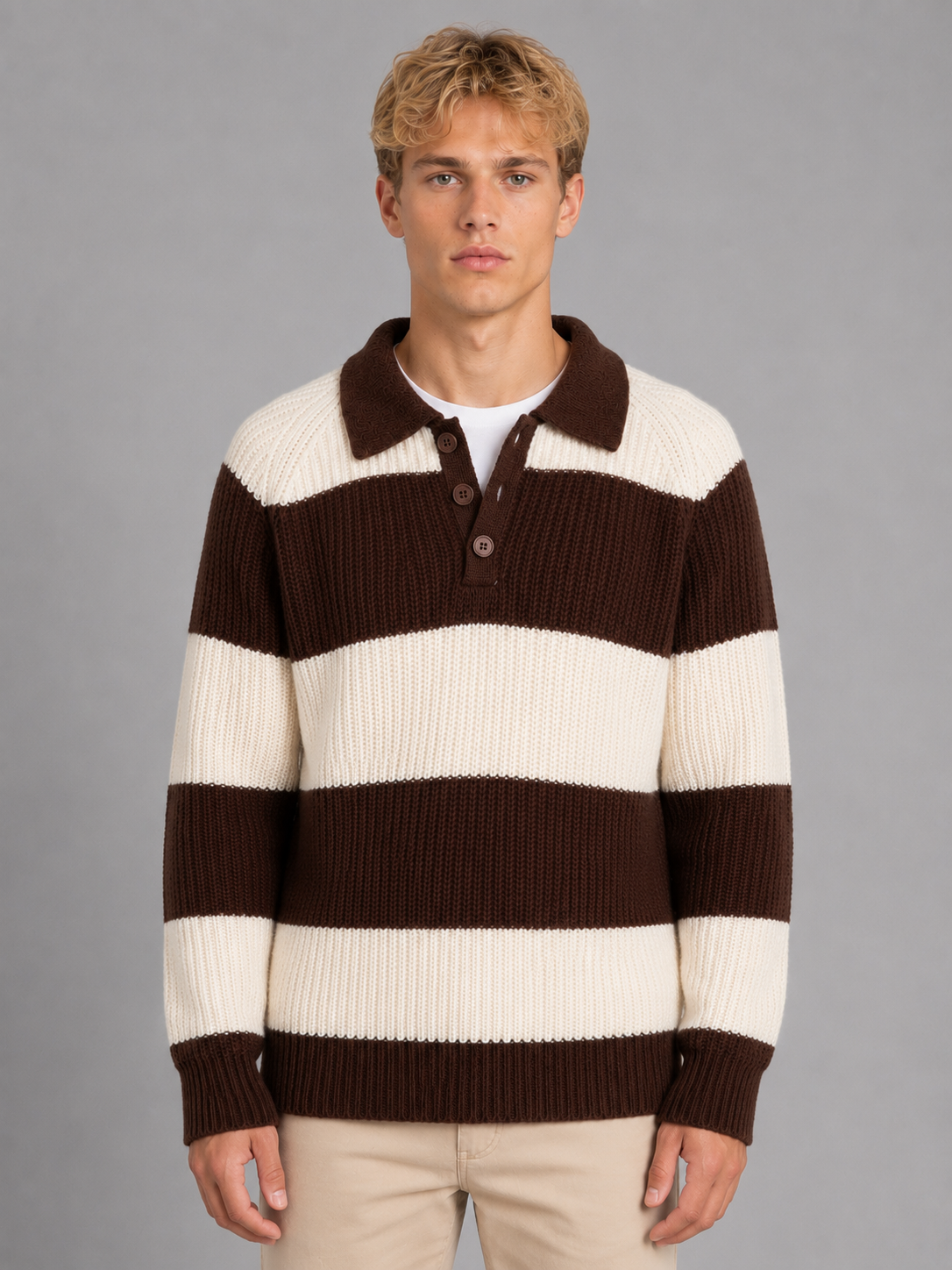 Men's Striped Polo Jumper – Button Neck Ribbed Sweater