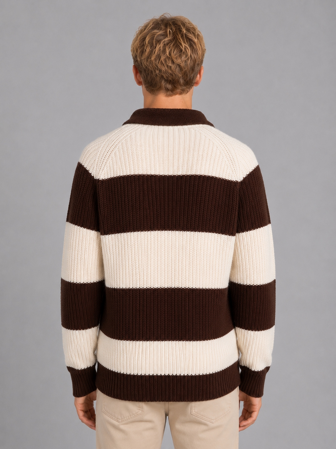 Men's Striped Polo Jumper – Button Neck Ribbed Sweater