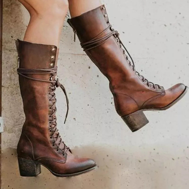 Olivia Women’s Lace-Up Knee-High Block Heel Boots