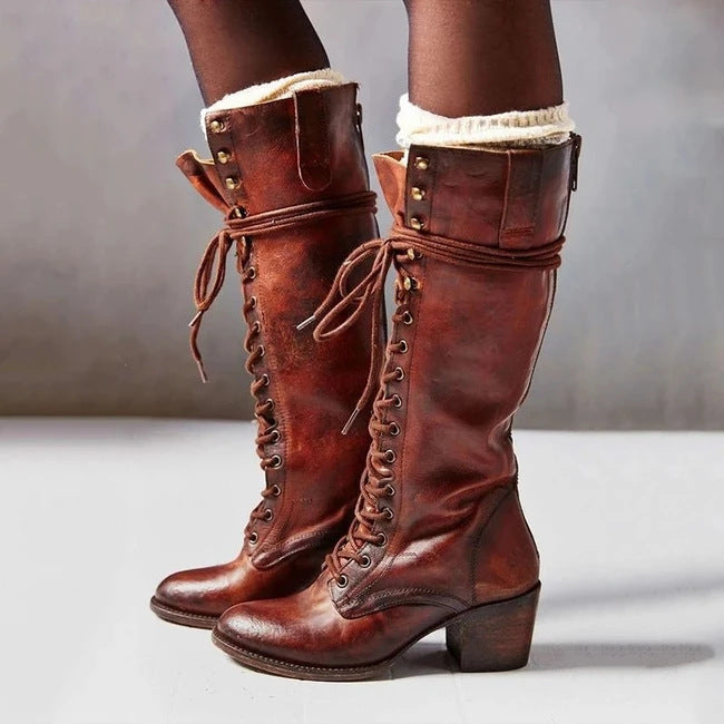 Olivia Women’s Lace-Up Knee-High Block Heel Boots