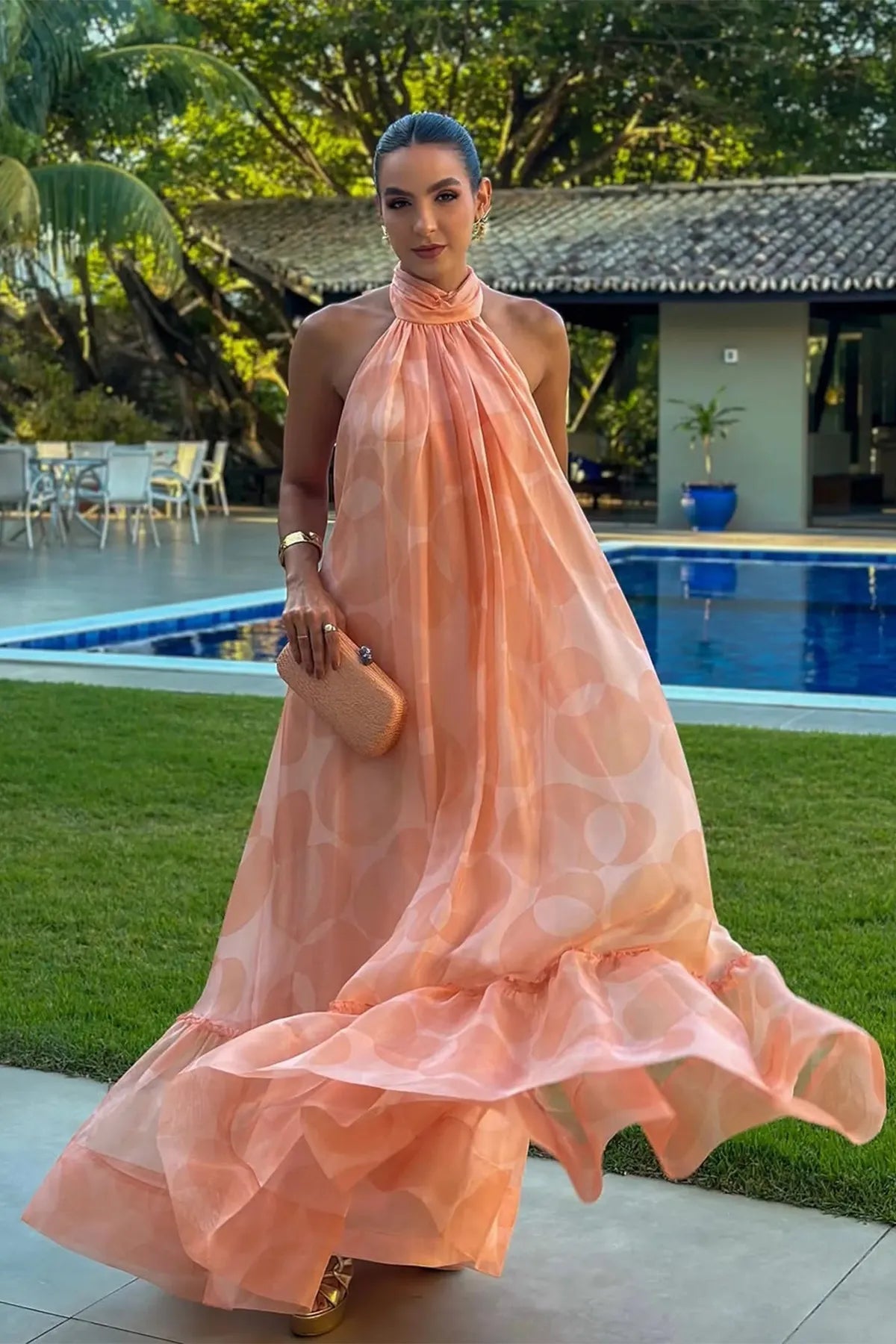 Printed Halter Neck Wedding Guest Maxi Dress