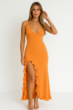 Ruched V-Neck Wedding Guest Maxi Dress