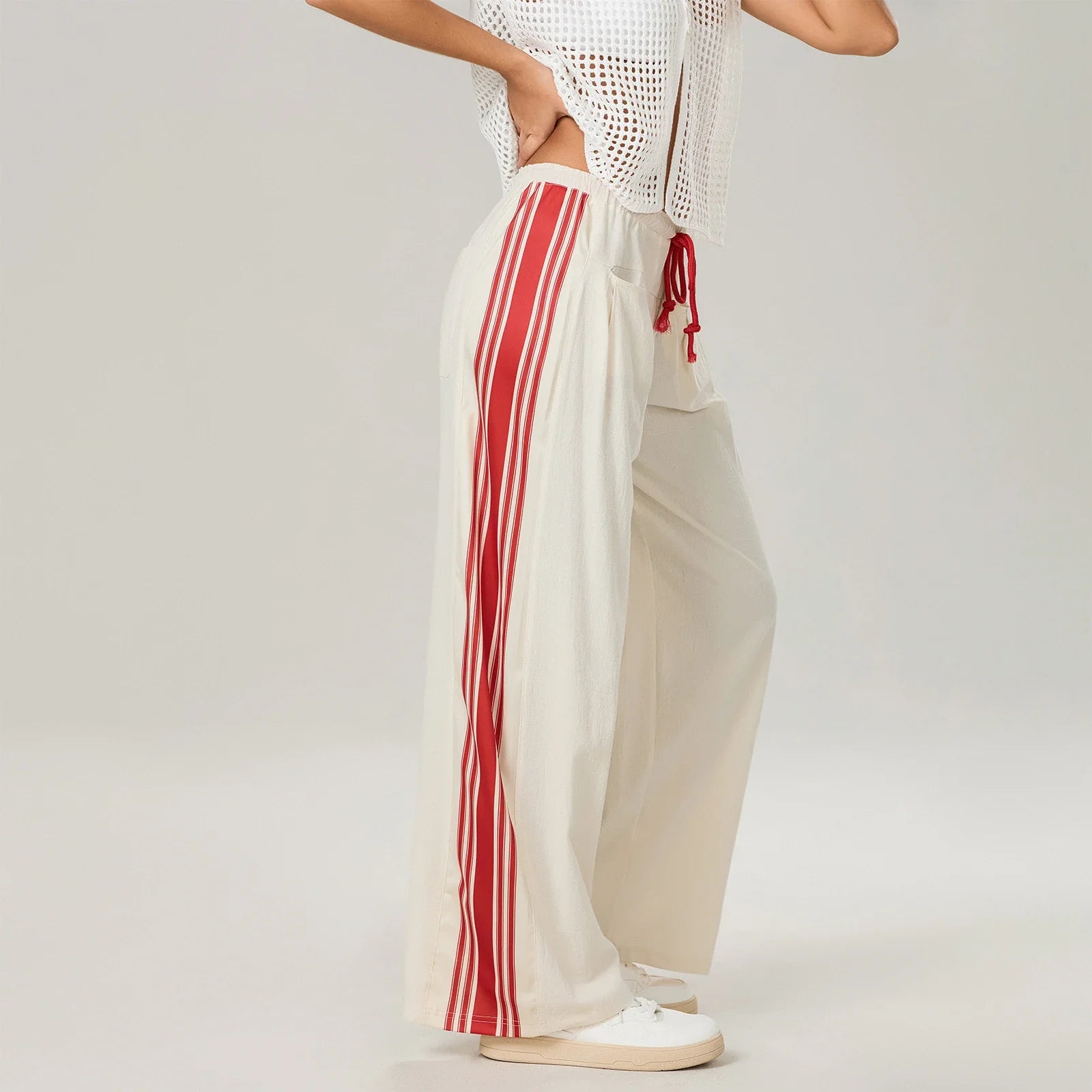 Sora Sporty Wide-Leg Drawstring Trousers – Side Stripe