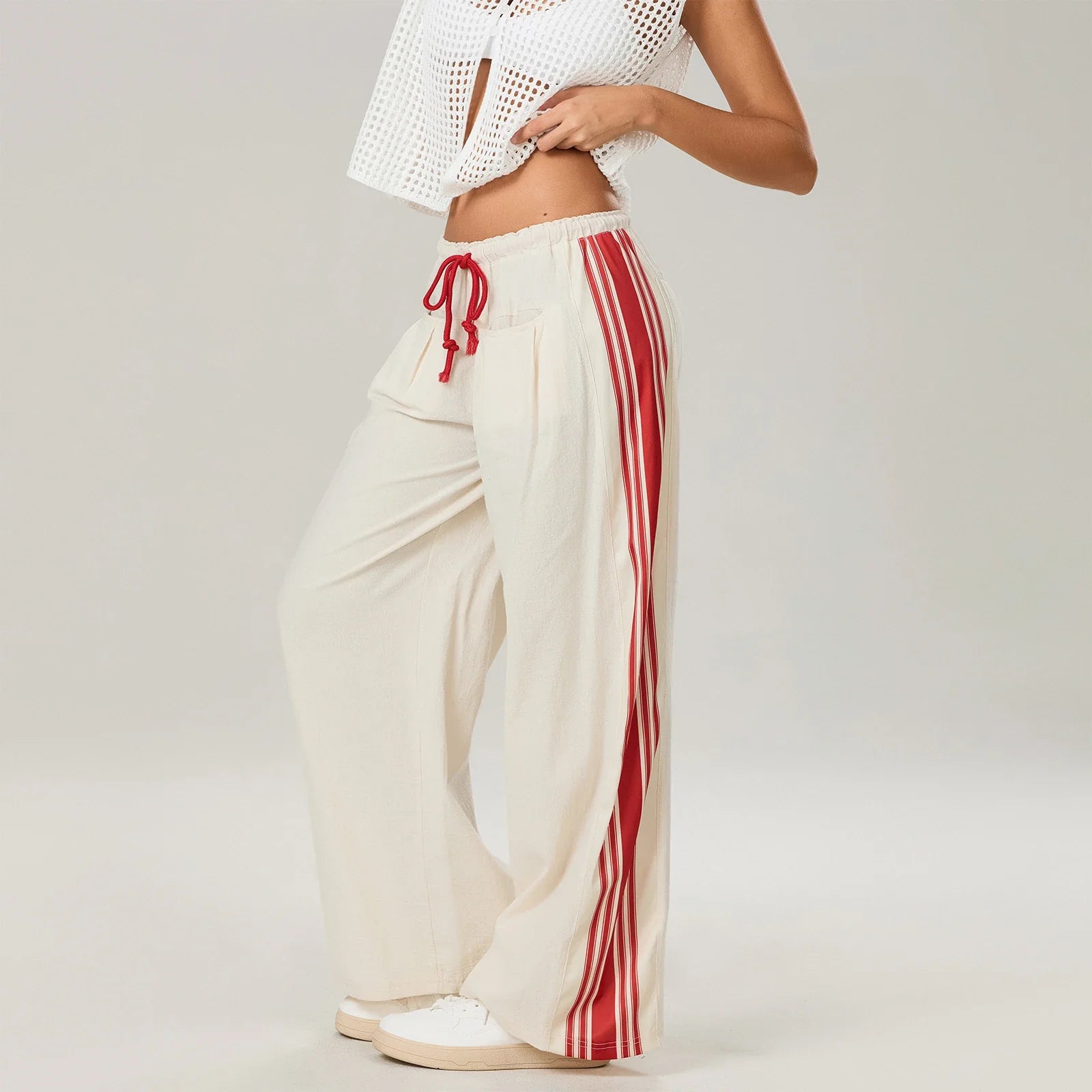 Sora Sporty Wide-Leg Drawstring Trousers – Side Stripe