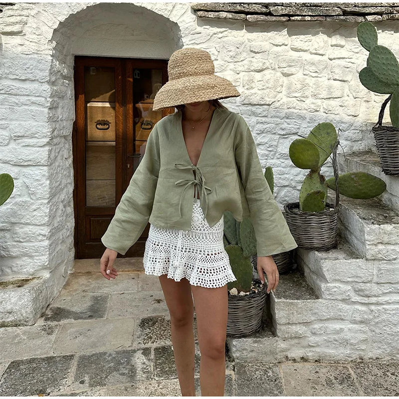 Front-Tie Linen Top