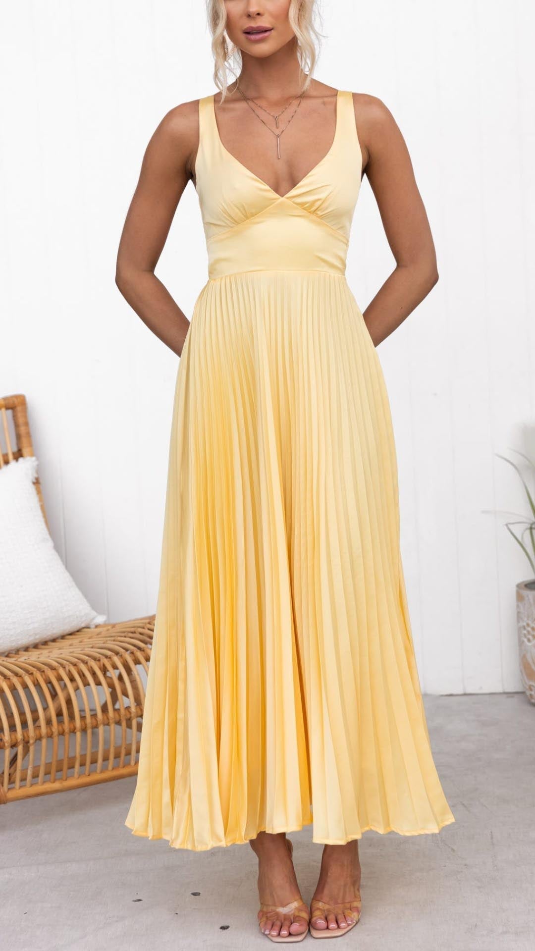 Eileen Pleated V-Neck Maxi Dress