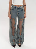 High Waist Mesh Panel Wide Leg Jeans