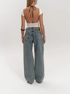 High Waist Mesh Panel Wide Leg Jeans