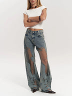 High Waist Mesh Panel Wide Leg Jeans
