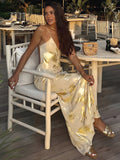 Yellow & Gold Floral Satin Maxi Dress