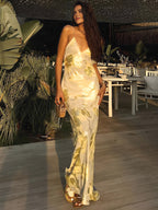 Yellow & Gold Floral Satin Maxi Dress
