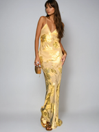 Yellow & Gold Floral Satin Maxi Dress