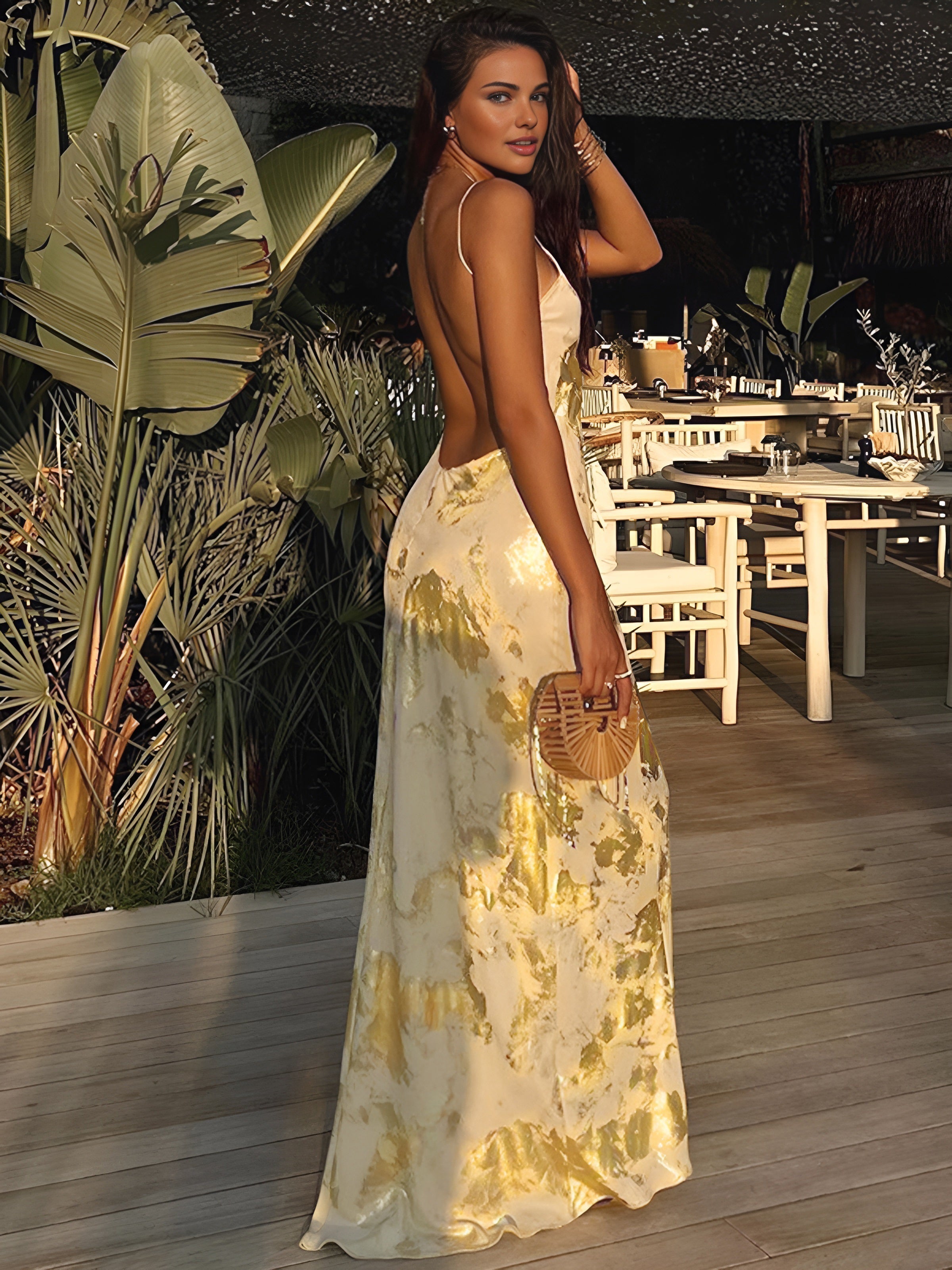 Yellow & Gold Floral Satin Maxi Dress
