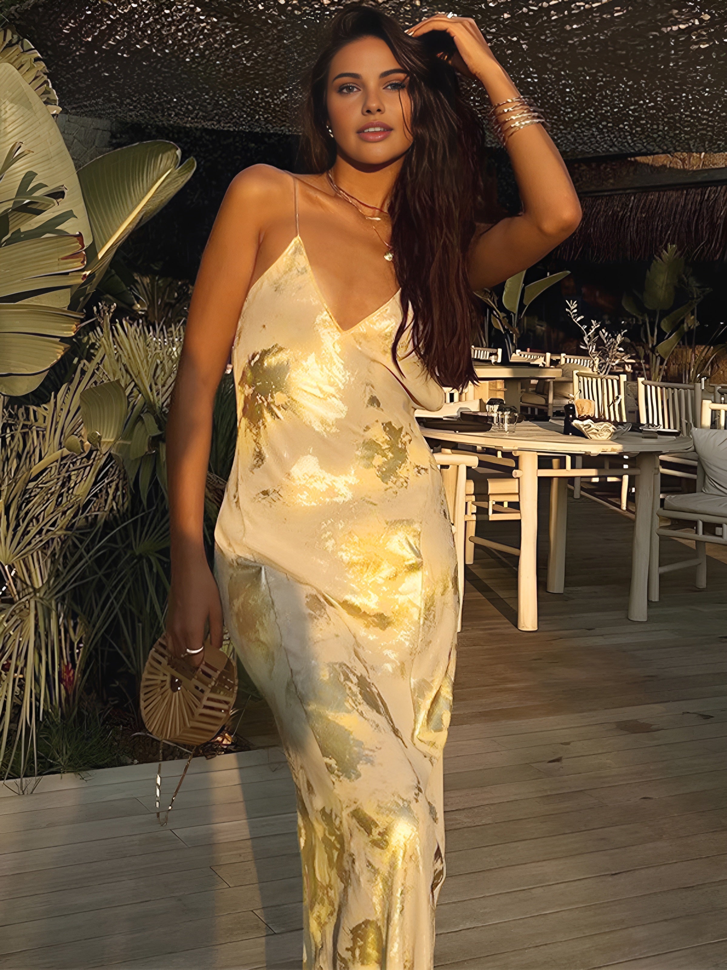 Yellow & Gold Floral Satin Maxi Dress
