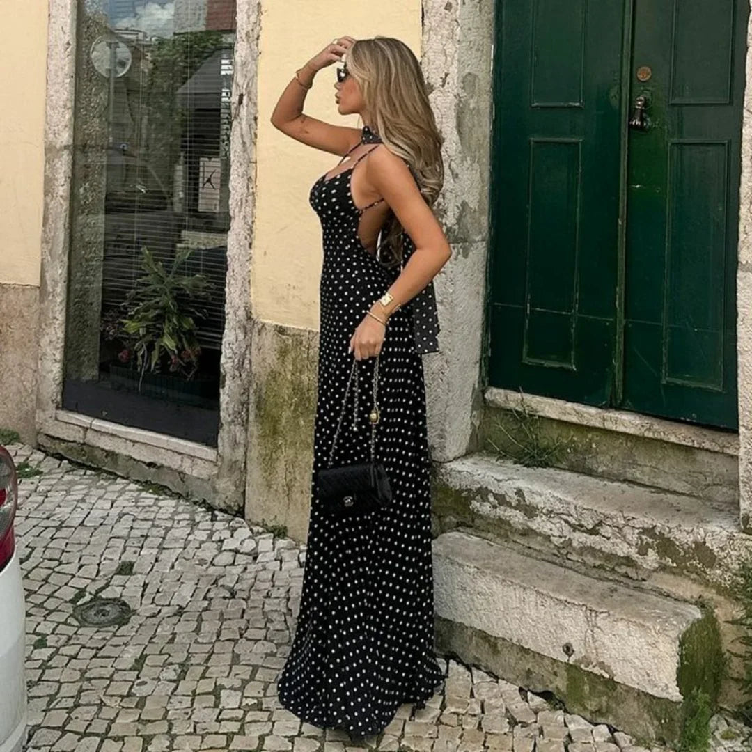 Vintage Polka Dot V-Neck Maxi Dress