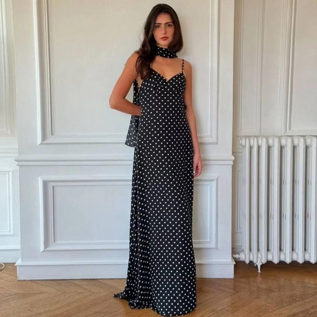 Vintage Polka Dot V-Neck Maxi Dress