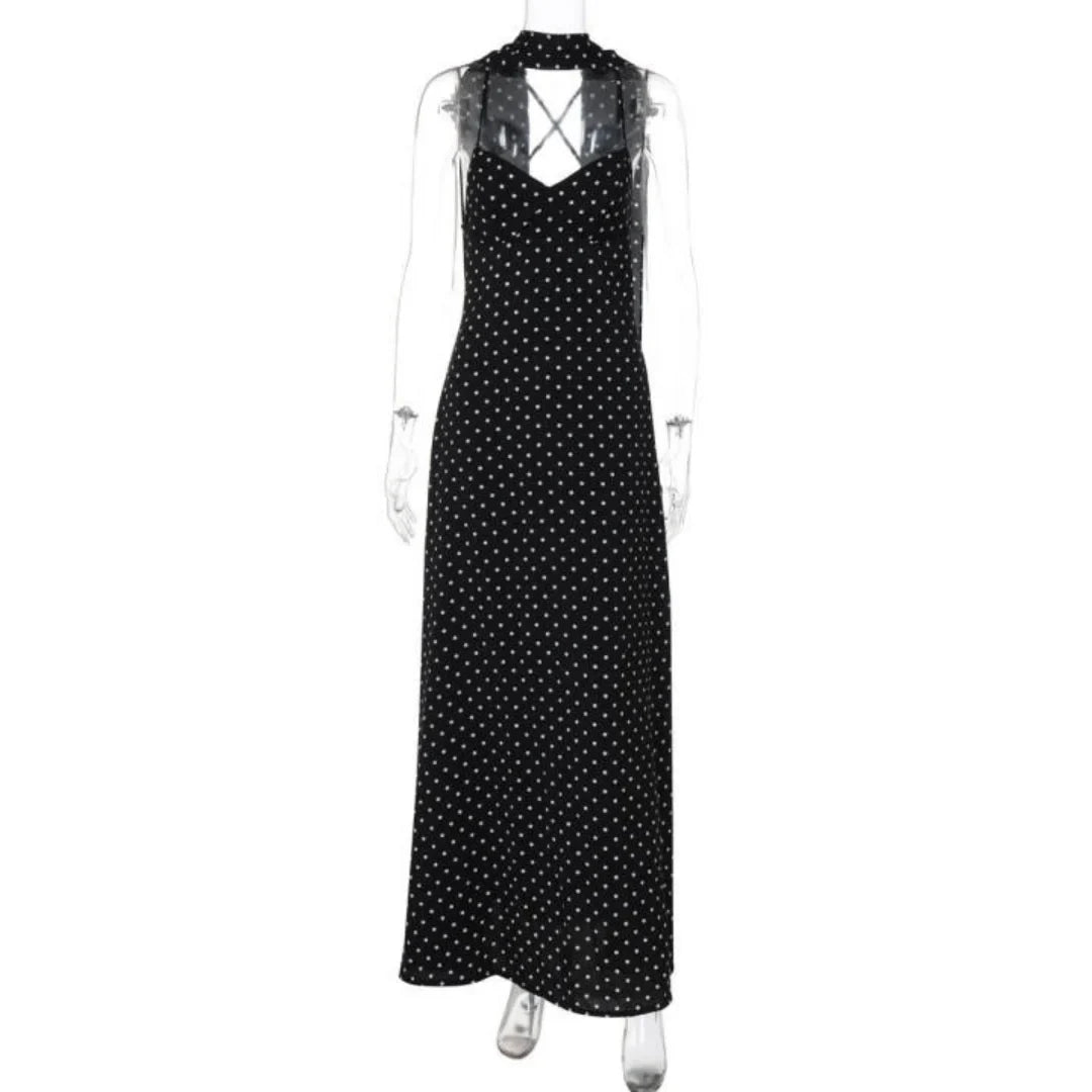 Vintage Polka Dot V-Neck Maxi Dress