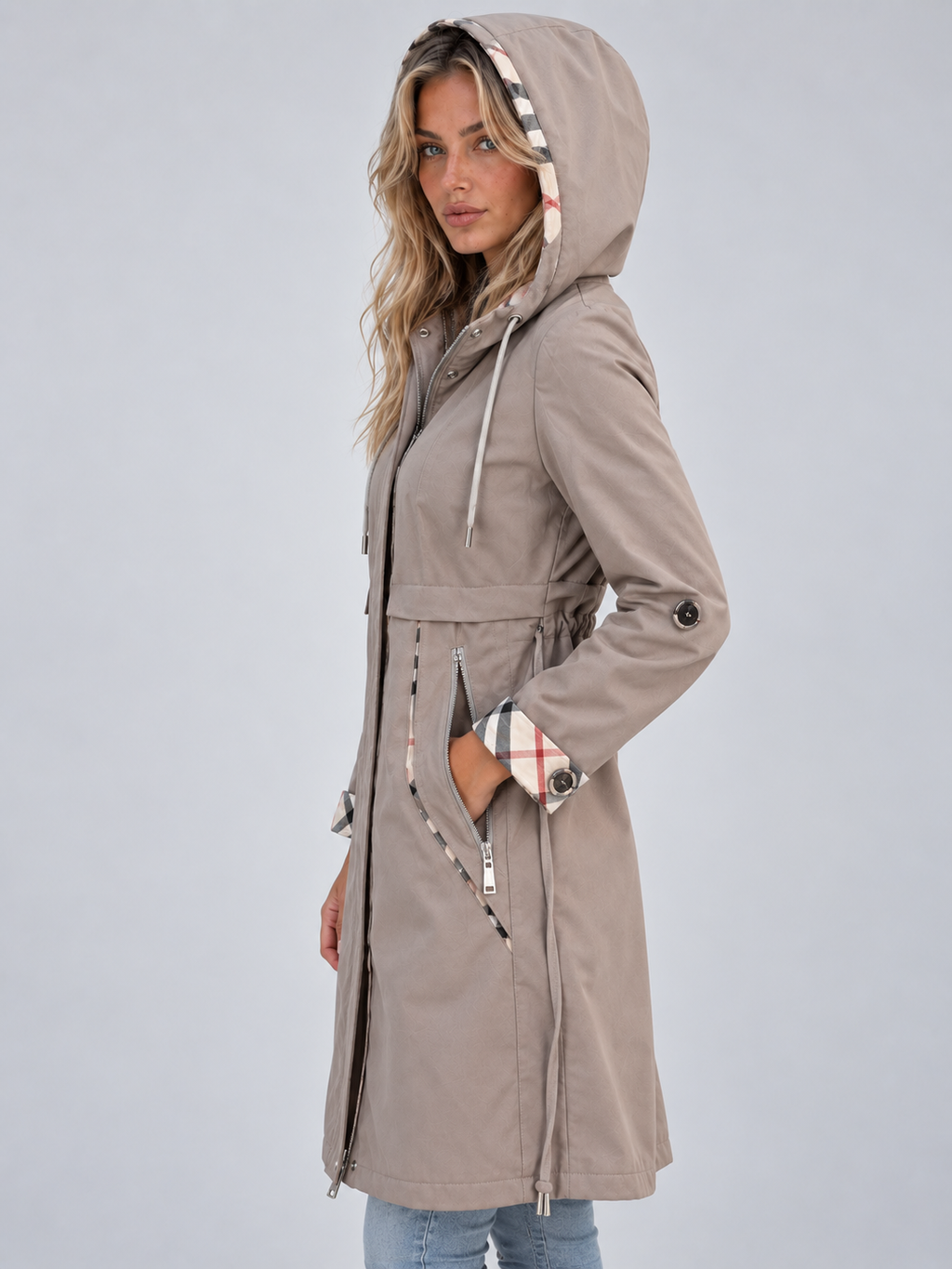 Women’s Hooded Rain Coat – Longline Parka with Adjustable Drawstring Waist