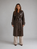 Women’s Leather Look Trench Coat – Long Double Breasted Belted Jacket
