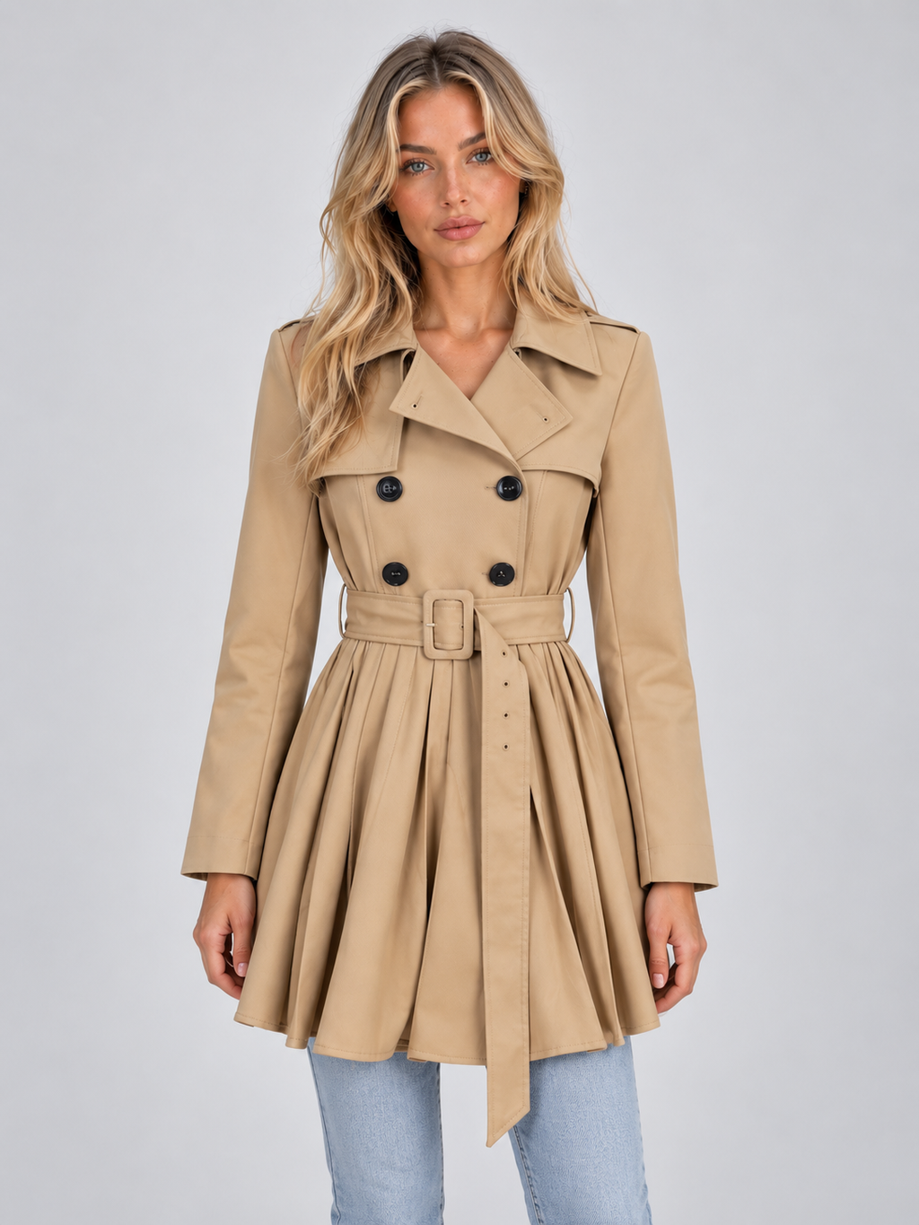 Women’s Pleated Skirt Trench Coat – Double Breasted Belted Jacket