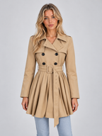 Women’s Pleated Skirt Trench Coat – Double Breasted Belted Jacket