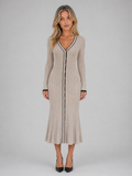 Women’s Ribbed Button Front Midi Dress – V-Neck Long Sleeve Knitted Style