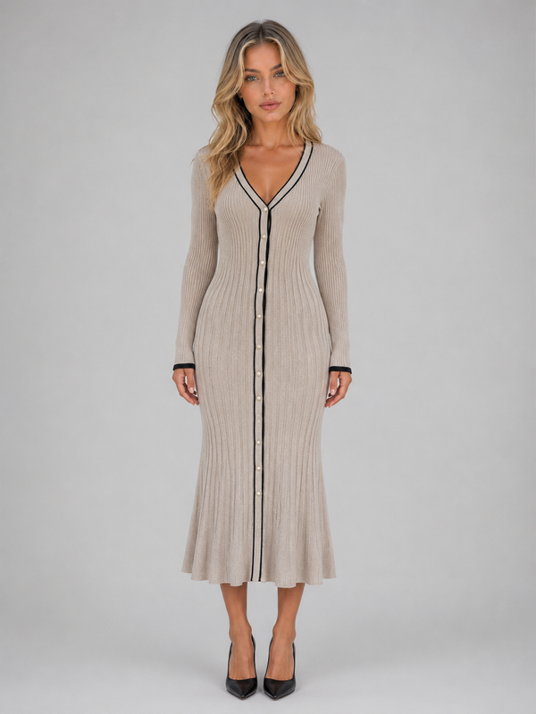 Women’s Ribbed Button Front Midi Dress – V-Neck Long Sleeve Knitted Style