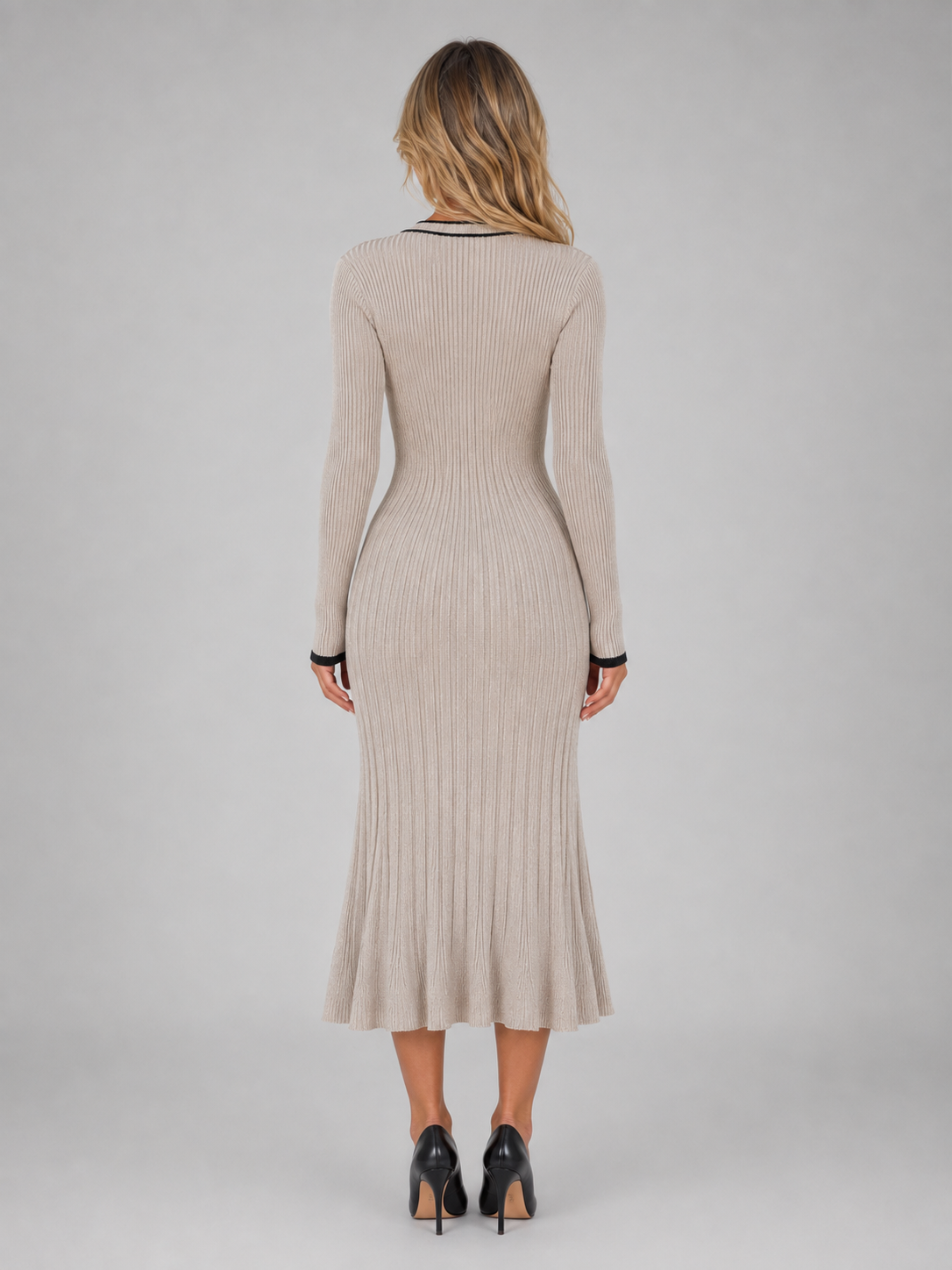 Women’s Ribbed Button Front Midi Dress – V-Neck Long Sleeve Knitted Style