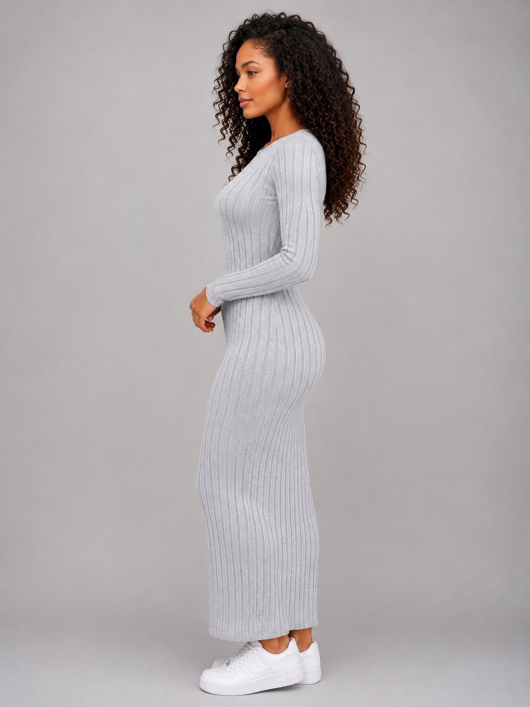 Women’s Ribbed Knit Maxi Dress – Long Sleeve Bodycon Style
