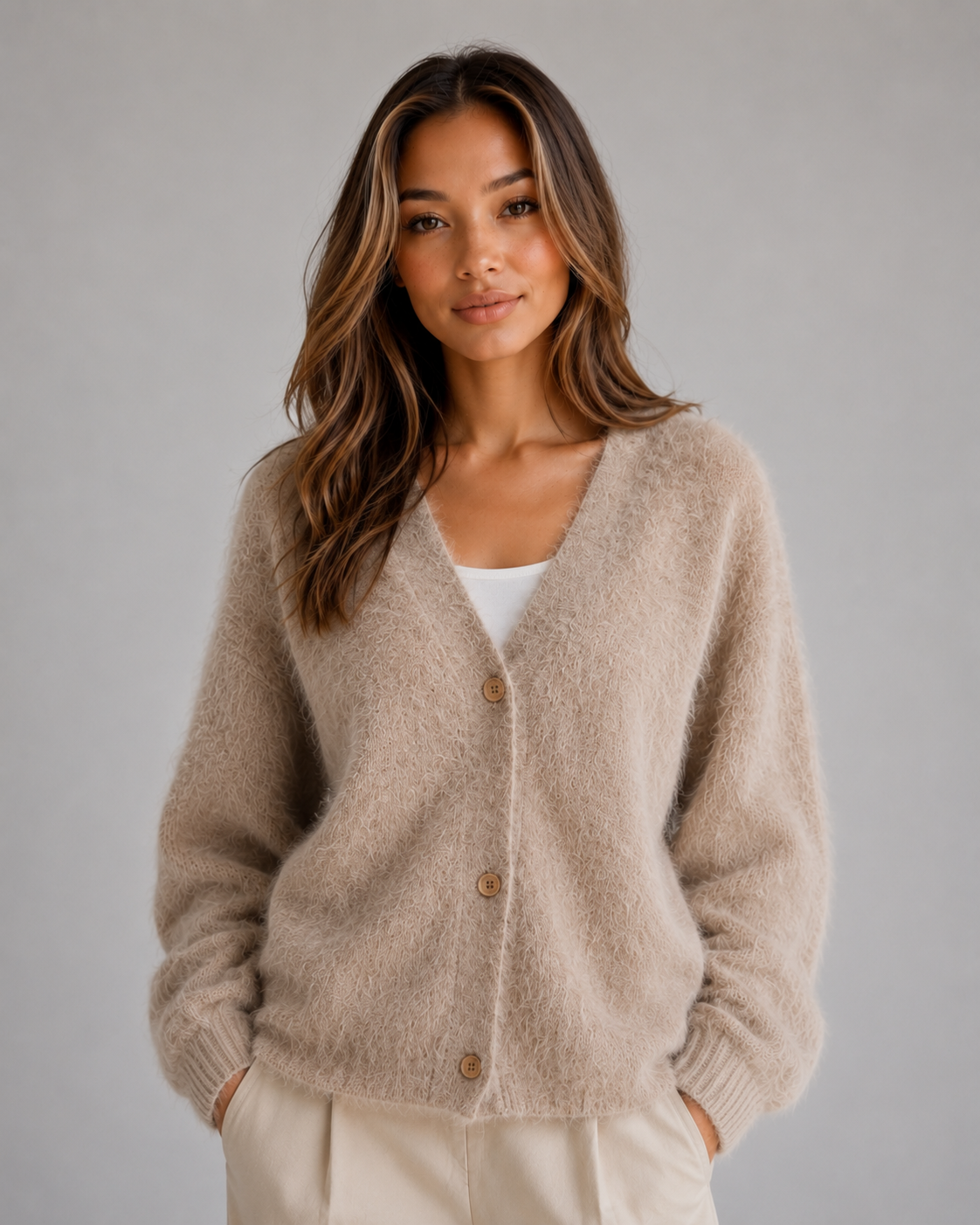 Women's Fluffy Knit Cardigan – Button Front V-Neck Jumper