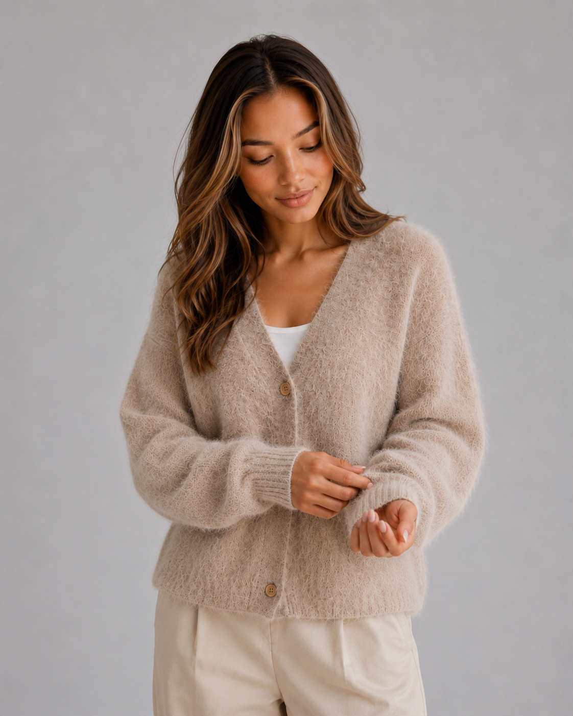 Women's Fluffy Knit Cardigan – Button Front V-Neck Jumper