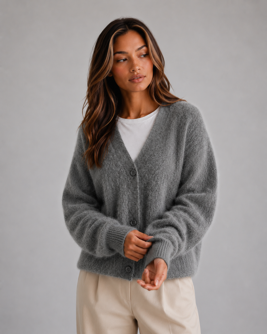 Women's Fluffy Knit Cardigan – Button Front V-Neck Jumper