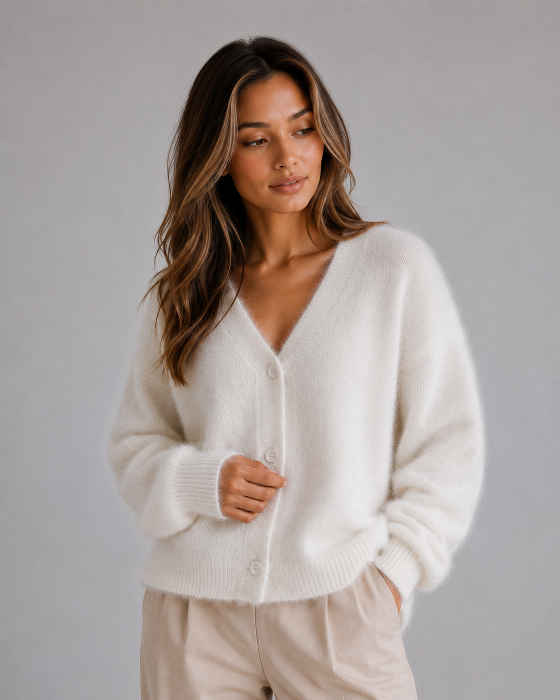 Women's Fluffy Knit Cardigan – Button Front V-Neck Jumper