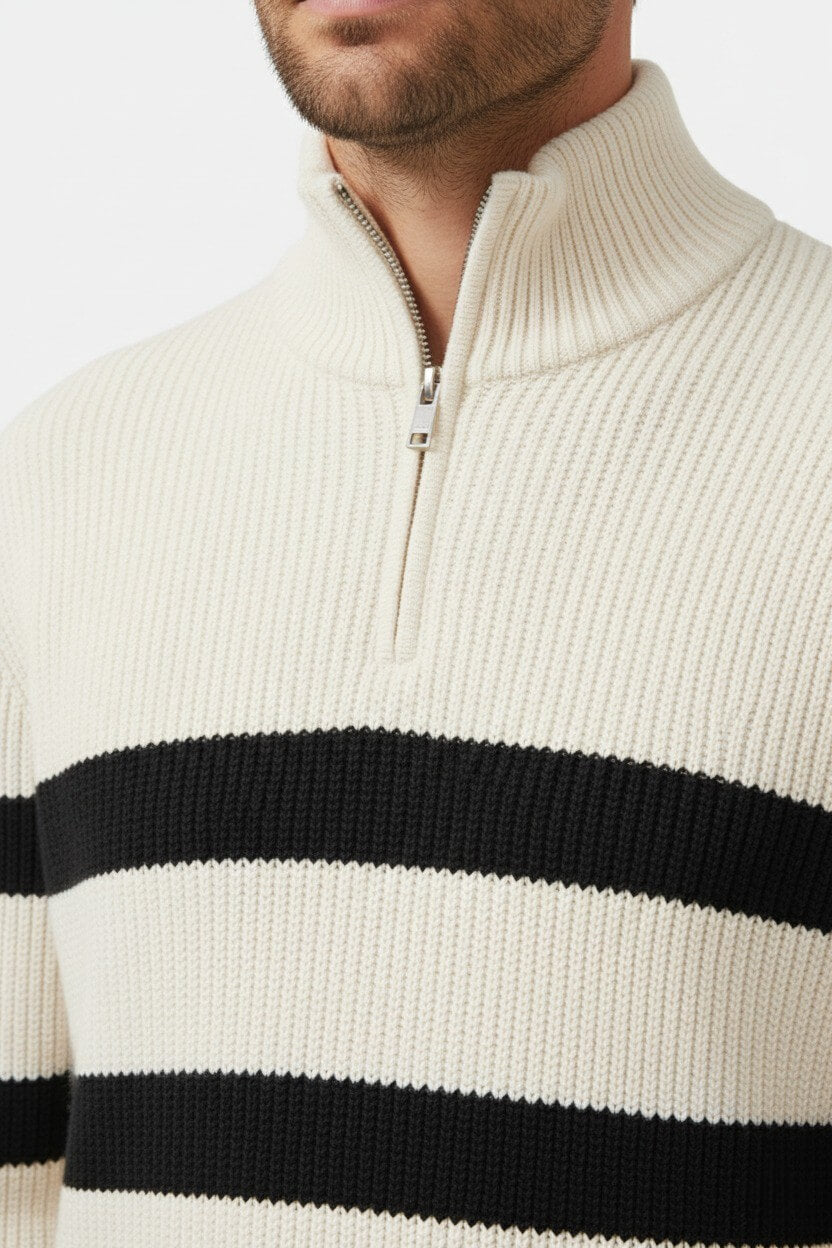 Men's Striped Half Zip Sweater – Ribbed Knit Pullover