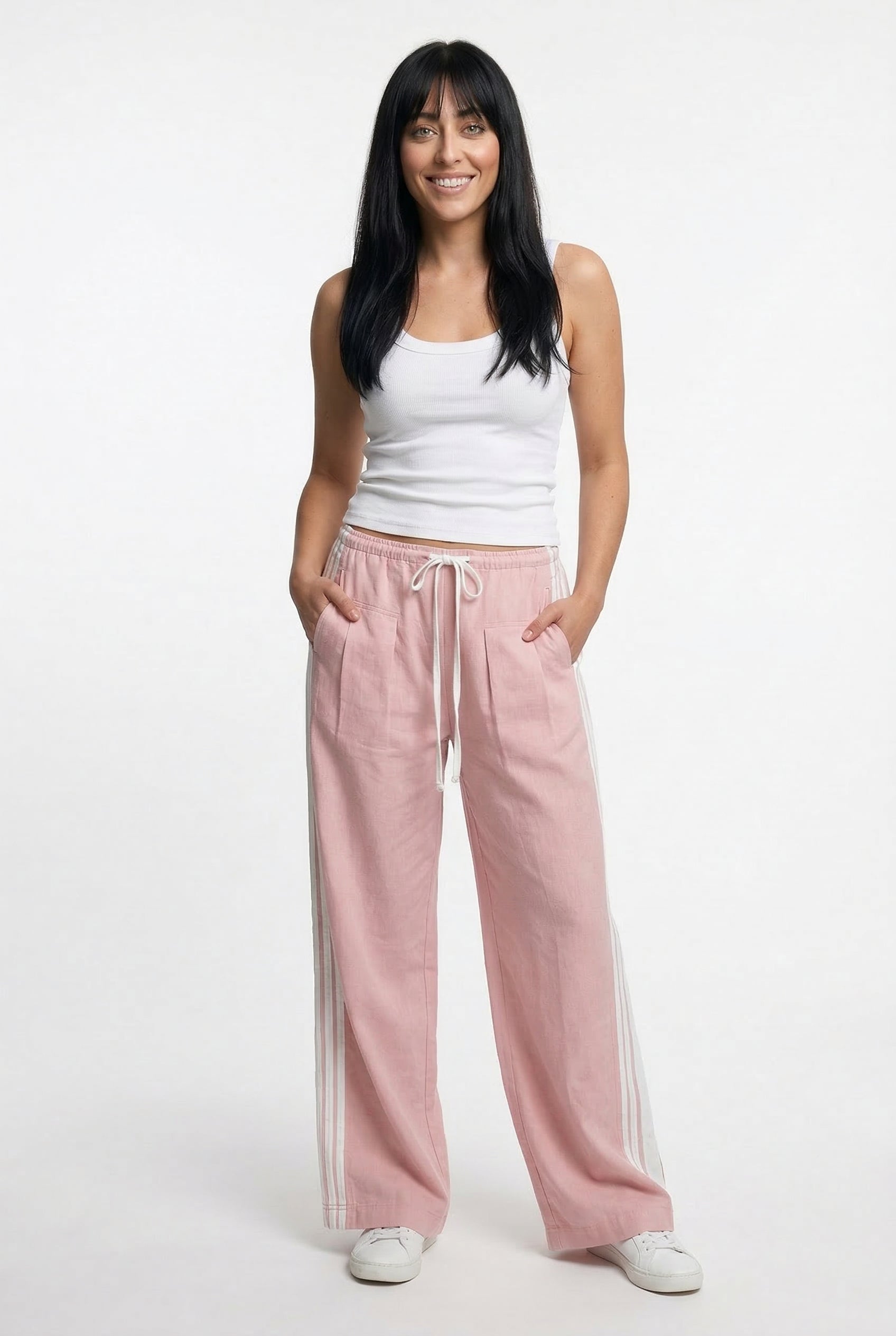 Sora Sporty Wide-Leg Drawstring Trousers – Side Stripe