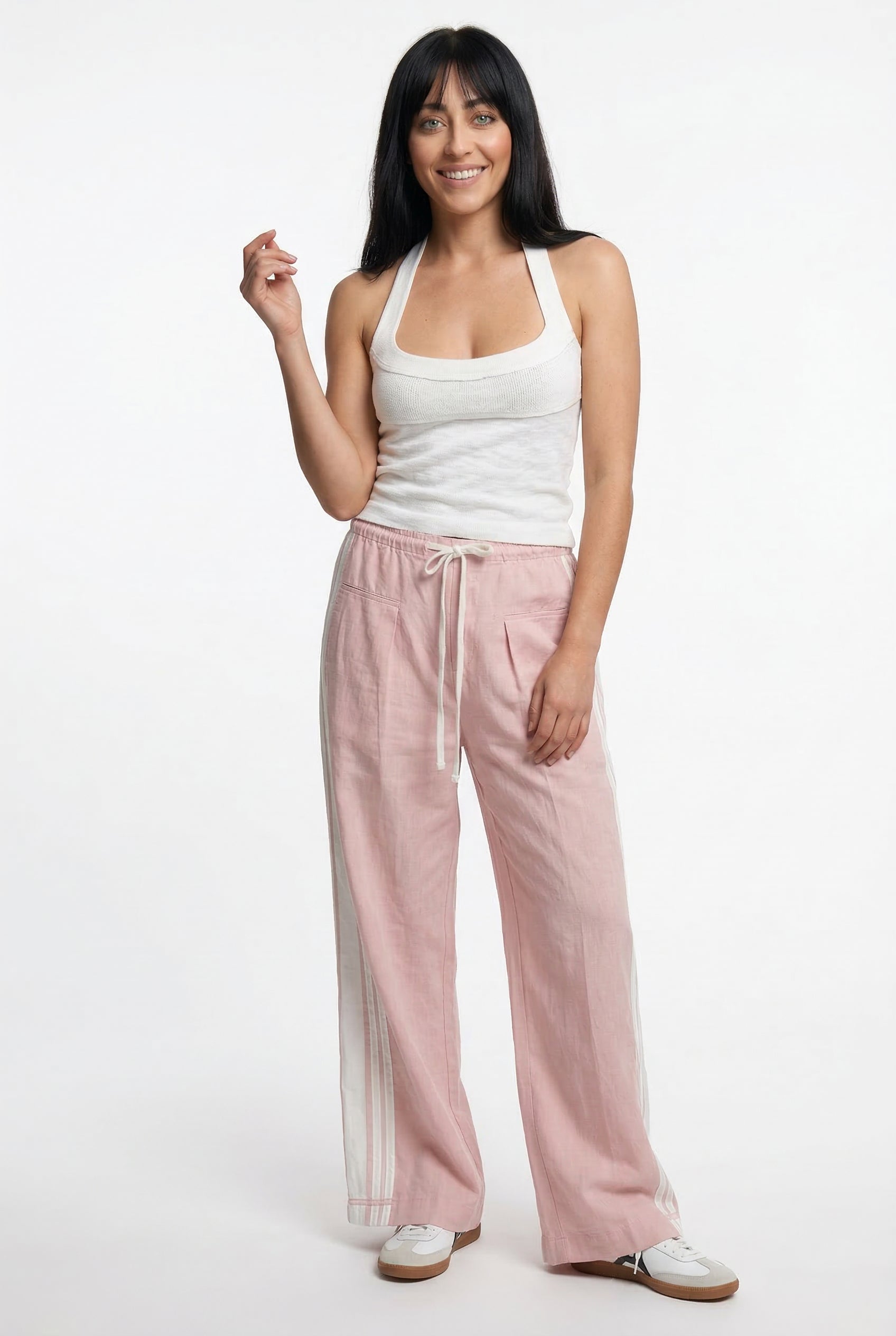 Sora Sporty Wide-Leg Drawstring Trousers – Side Stripe