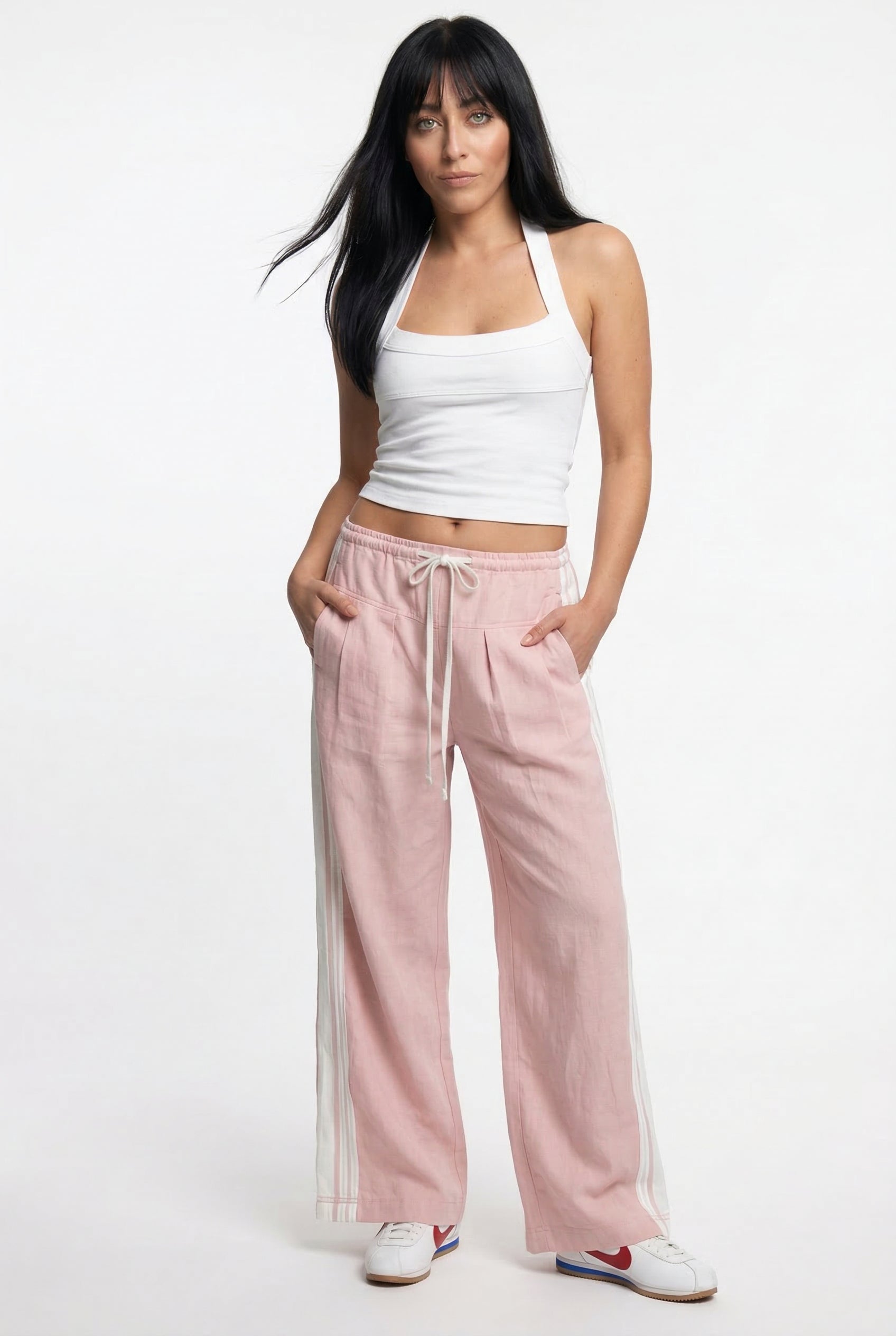 Sora Sporty Wide-Leg Drawstring Trousers – Side Stripe