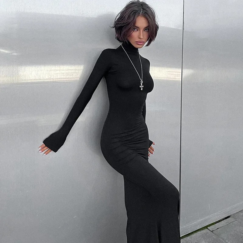 Black Turtleneck Long-Sleeve Maxi Dress