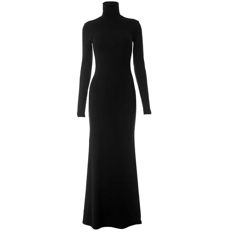 Black Turtleneck Long-Sleeve Maxi Dress