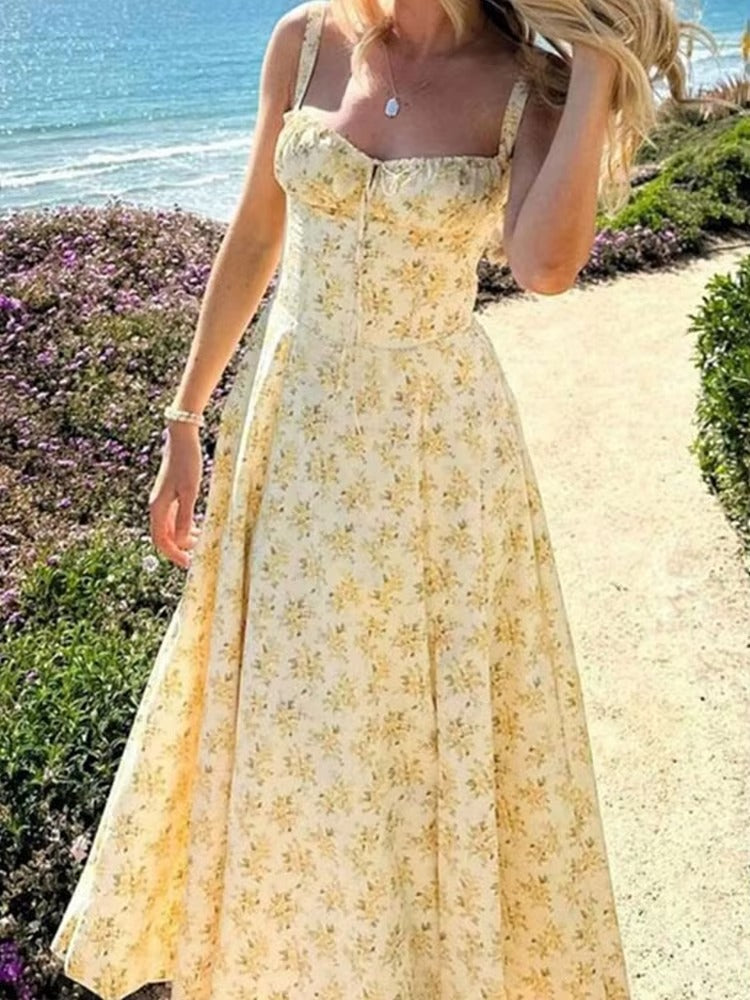 Yellow Floral Summer Midi Dress
