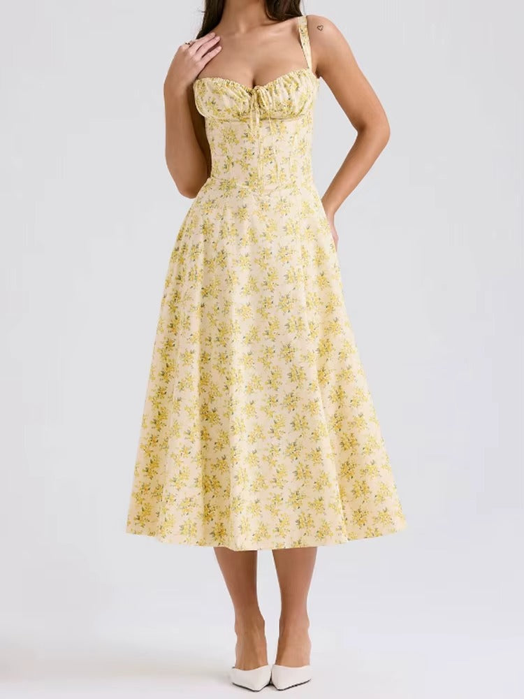 Yellow Floral Summer Midi Dress