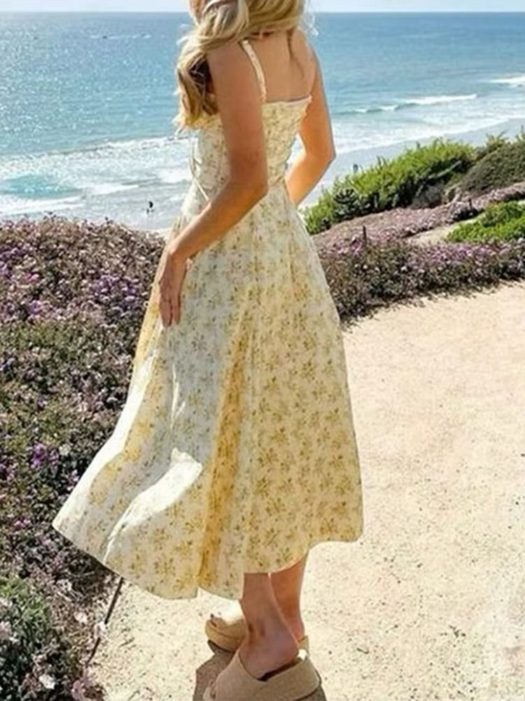 Yellow Floral Summer Midi Dress