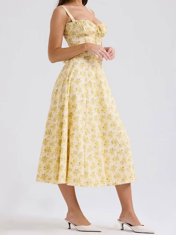Yellow Floral Summer Midi Dress