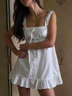 White Linen Button Front Mini Dress
