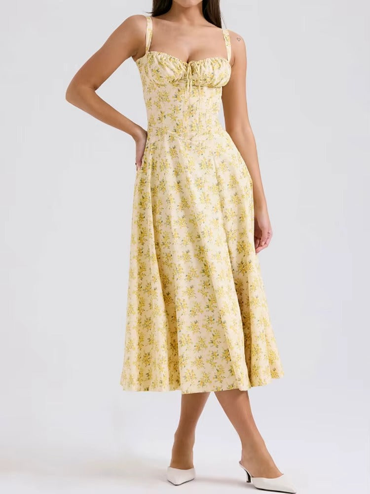 Yellow Floral Summer Midi Dress