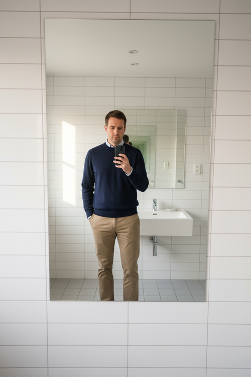 Man navy sweater selfie