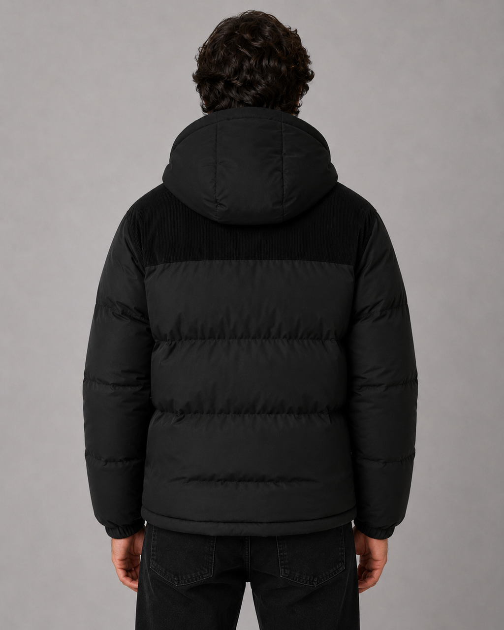 Men's Colour Block Hooded Puffer Jacket with Corduroy Panels
