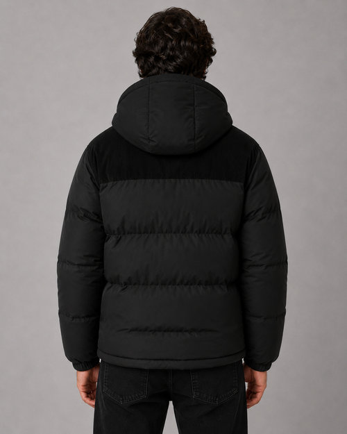 Men's Colour Block Hooded Puffer Jacket with Corduroy Panels