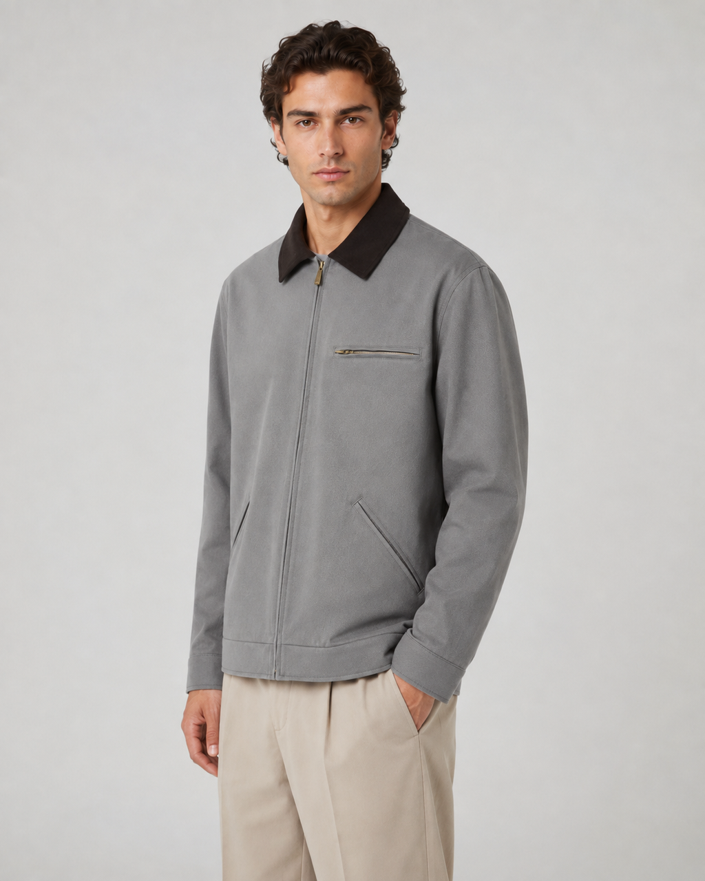 Men's Contrast Collar Barn Jacket Zip Front Workwear